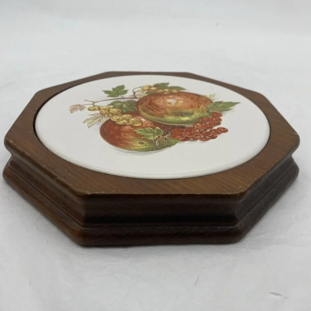 Vintage Ceramic Tile Wood Trivet Wall Hanging Octagonal Traditional Farmhouse‎